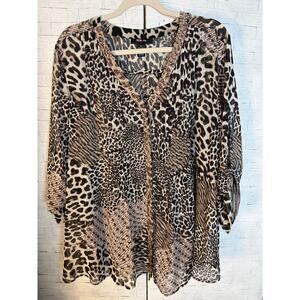 Style and Co women’s blouse sheer animal print embroidered tunic plus size
